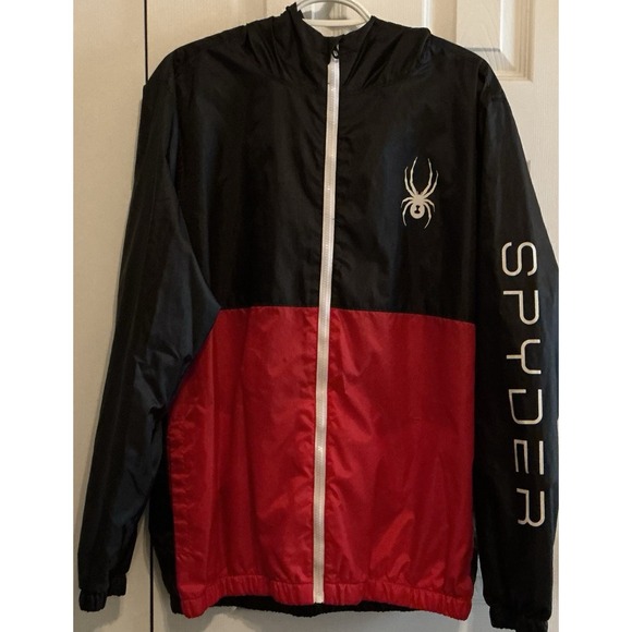 Spyder Other - Spyder Mens Hooded Windbreaker Jacket Black Red Colorblock Large Mesh Lined